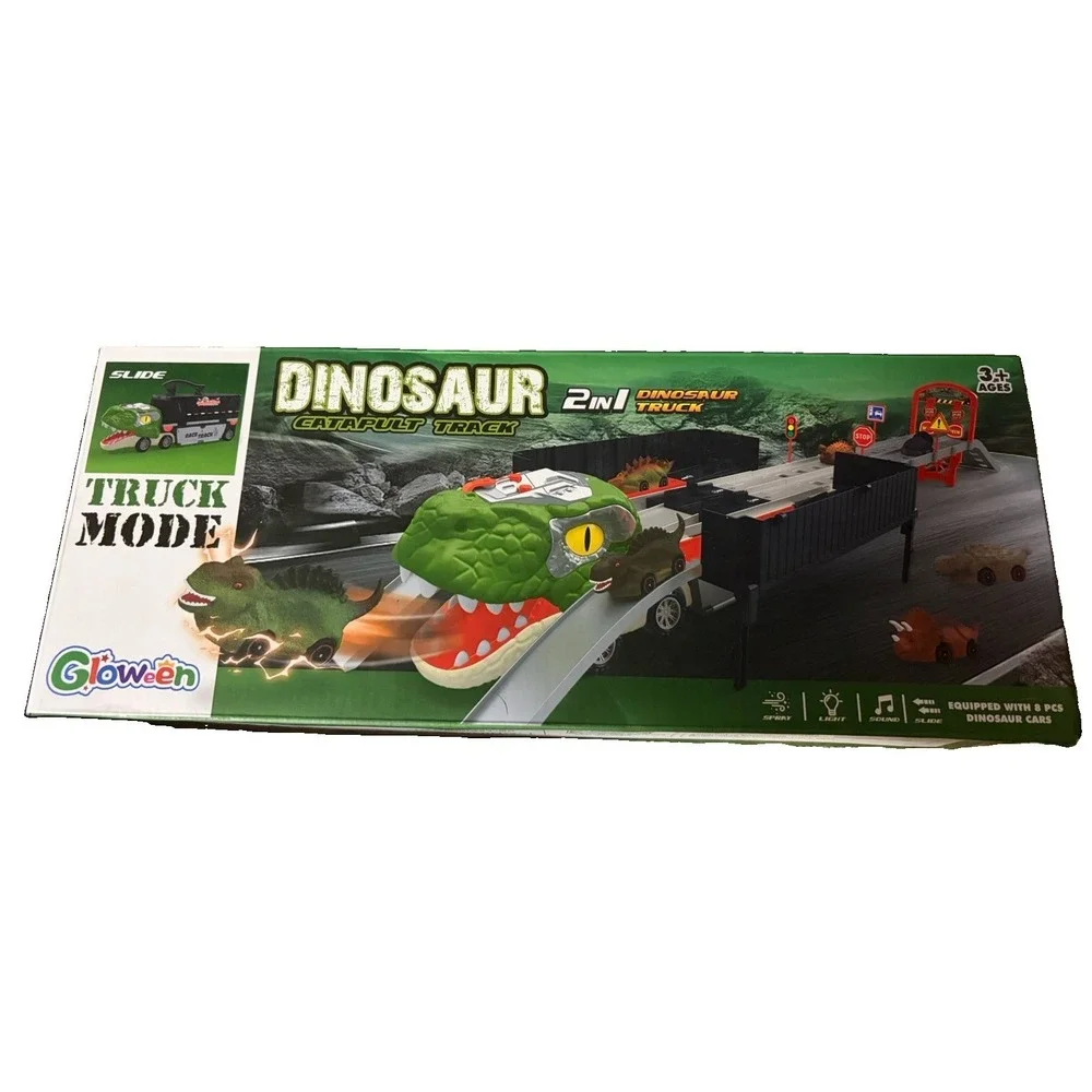 Gloween Dinosaur Truck Catapult Track 2 in 1 Race Track 8 Dino Cars Light Sound